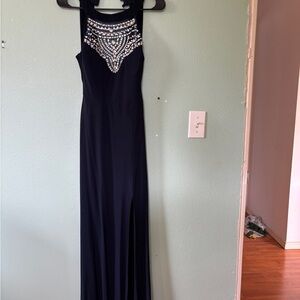 B Darlin Navy Blue Prom Dress with Silver Accents